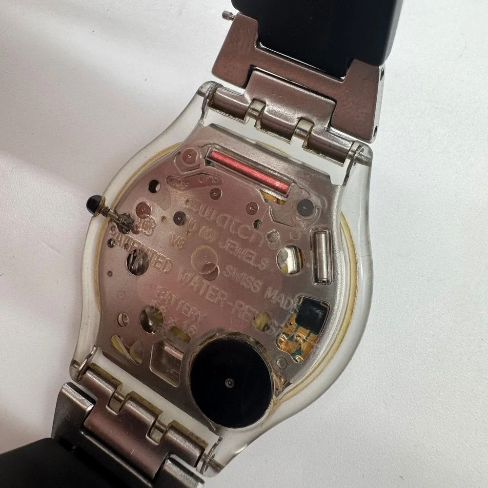 Swatch Skin 1999 Vintage Ultra Thin Watch Black Dial Silver Steel Rubber Strap‎